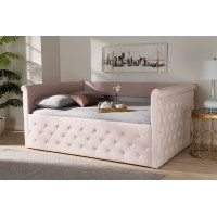 Baxton Studio CF8825-C-Light Pink-Daybed-Q Amaya Modern and Contemporary Light Pink Velvet Fabric Upholstered Queen Size Daybed